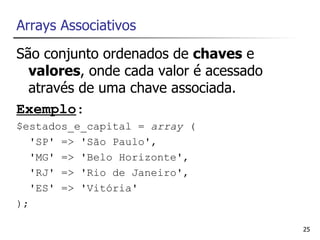 Arrays Associativos
São conjunto ordenados de chaves e
  valores, onde cada valor é acessado
  através de uma chave associada.
Exemplo:
$estados_e_capital = array (
   'SP' => 'São Paulo',
   'MG' => 'Belo Horizonte',
   'RJ' => 'Rio de Janeiro',
   'ES' => 'Vitória'
);

                                        25
 