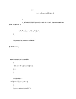 else

                                                   $this->logSuccessFail('0',$query);

                                   }

                           }

                           $_SESSION['SESS_MSG'] = msgSuccessFail("success","Information has been
added successfully.");

                   }

                   header("Location:addVideo.php");exit;

        }



        function editRecord($post,$fileName) {



$i=0;$student='';




  while($i<count($post[studentId]))

        {

            $student.=$post[studentId][$i].',';

        $i++;

        }



        $i=0;$center='';

  while($i<count($post[centerId]))

        {

        $center.=$post[centerId][$i].',';
 