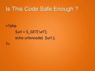 Is This Code Safe Enough ?

<?php
    $url = $_GET['url'];
    echo urlencode( $url );
?>
 