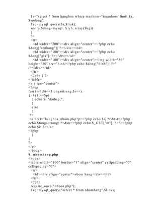 $s="select * from hanghoa where manhom='$manhom' limit $x,
$sodong";
  $kq=mysql_query($s,$link);
  while($dong=mysql_fetch_array($kq))
  {
  ?>
  <tr>
    <td width="200"><div align="center"><?php echo
$dong["tenhang"]; ?></div></td>
    <td width="100"><div align="center"><?php echo
$dong["gia"]; ?></div></td>
    <td width="100"><div align="center"><img width="50"
height="50" src="hinh/<?php echo $dong["hinh"]; ?>"
/></div></td>
  </tr>
  <?php } ?>
</table>
<p align="center">
<?php
for($i=1;$i<=$tongsotrang;$i++)
{ if ($i==$p)
   { echo $i."&nbsp;";
   }
   else
   {
 ?>
 <a href="hanghoa_nhom.php?p=<?php echo $i; ?>&tst=<?php
echo $tongsotrang; ?>&m=<?php echo $_GET["m"]; ?>"><?php
echo $i; ?></a>
<?php
   }
}
?>
</p>
</body>
9. nhomhang.php
<body>
<table width="100" border="1" align="center" cellpadding="0"
cellspacing="0">
  <tr>
    <td><div align="center">nhom hang</div></td>
  </tr>
  <?php
  require_once("dbcon.php");
  $kq=mysql_query("select * from nhomhang",$link);
 