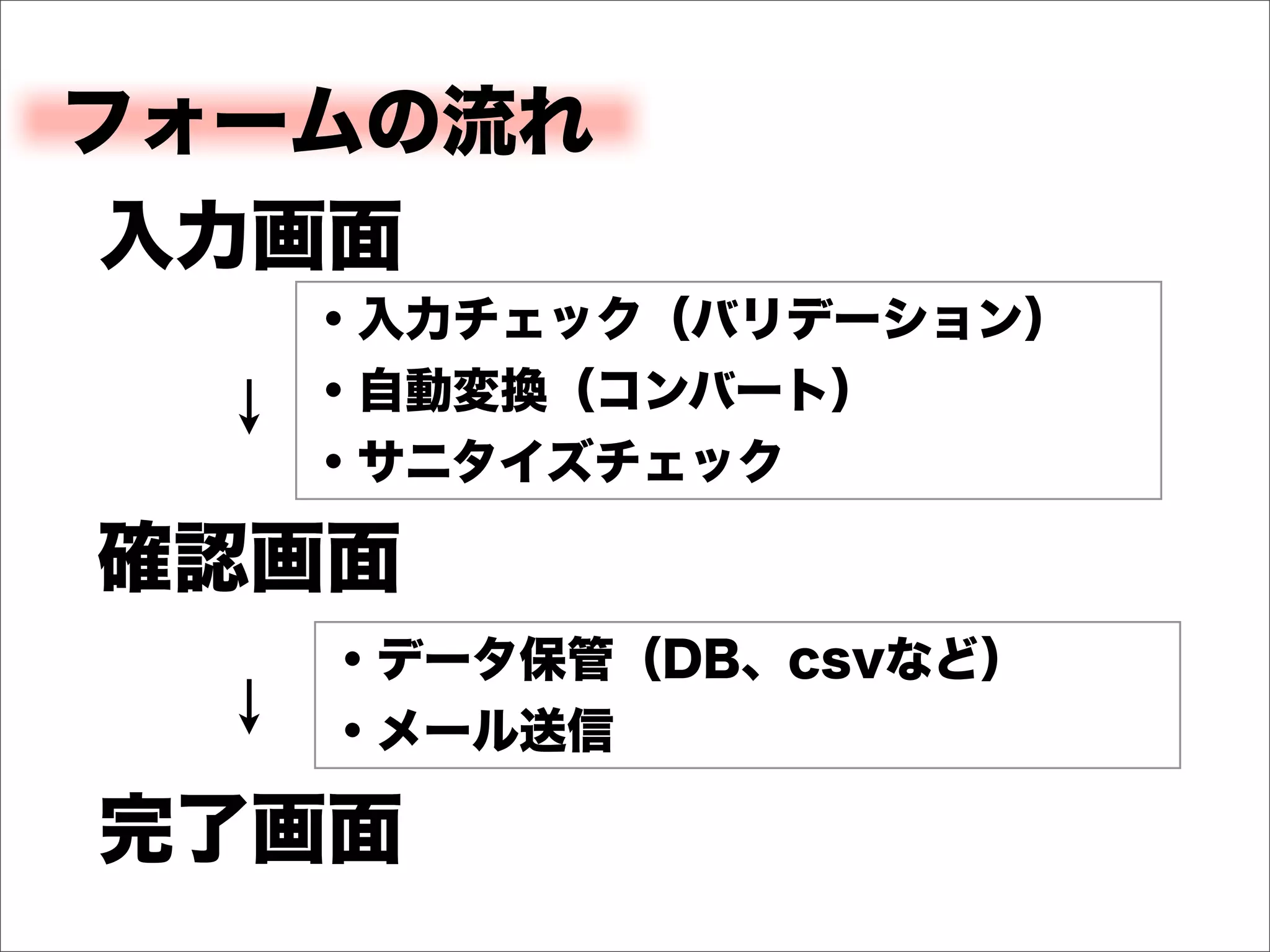 フォームの流れ
入力画面
   ・入力チェック（バリデーション）
   ・自動変換（コンバート）
   ・サニタイズチェック

確認画面
   ・データ保管（DB、csvなど）
   ・メール送信

完了画面
 