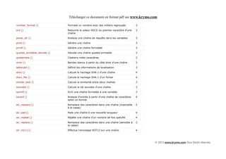 Télécharger ce document en format pdf sur www.krymo.com

number_format ()             Formate un nombre avec des milliers regroupés          3

ord ()                       Retourne la valeur ASCII du premier caractère d'une    3
                             chaîne

parse_str ()                 Analyse une chaîne de requête dans les variables       3

print ()                     Génère une chaîne                                      3

printf ()                    Génère une chaîne formatée                             3

quoted_printable_decode ()   Décode une chaîne quoted-printable                     3

quotemeta ()                 Citations méta caractères                              3

rtrim ()                     Bandes blancs à partir du côté droit d'une chaîne      3

setlocale ()                 Définit les informations de localisation               3

sha1 ()                      Calcule le hachage SHA-1 d'une chaîne                  4

sha1_file ()                 Calcule le hachage SHA-1 d'un fichier                  4

similar_text ()              Calcule la similarité entre deux chaînes               3

soundex ()                   Calcule la clé soundex d'une chaîne                    3

sprintf ()                   Ecrit une chaîne formatée à une variable               3

sscanf ()                    Analyse d'entrée à partir d'une chaîne de caractères   4
                             selon un format

str_ireplace ()              Remplace des caractères dans une chaîne (insensible    5
                             à la casse)

str_pad ()                   Pads une chaîne à une nouvelle longueur                4

str_repeat ()                Répète une chaîne d'un nombre de fois spécifié         4

str_replace ()               Remplace des caractères dans une chaîne (sensible à    3
                             la casse)

str_rot13 ()                 Effectue l'encodage ROT13 sur une chaîne               4




                                                                                        © 2013 www.krymo.com Tous Droits réservés.
 
