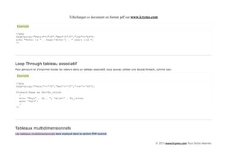 Télécharger ce document en format pdf sur www.krymo.com

 Exemple

<?php
$age=array("Peter"=>"35","Ben"=>"37","Joe"=>"43");
echo "Peter is " . $age['Peter'] . " years old.";
?>




Loop Through tableau associatif
Pour parcourir et d'imprimer toutes les valeurs dans un tableau associatif, vous pouvez utiliser une boucle foreach, comme ceci:

 Exemple

<?php
$age=array("Peter"=>"35","Ben"=>"37","Joe"=>"43");

foreach($age as $x=>$x_value)
   {
   echo "Key=" . $x . ", Value=" . $x_value;
   echo "<br>";
   }
?>




Tableaux multidimensionnels
Les tableaux multidimensionnels sera expliqué dans la section PHP avancé.


                                                                                                                  © 2013 www.krymo.com Tous Droits réservés.
 