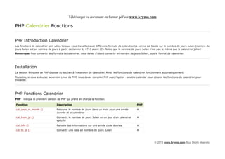 Télécharger ce document en format pdf sur www.krymo.com

PHP Calendrier Fonctions


PHP Introduction Calendrier
Les fonctions de calendrier sont utiles lorsque vous travaillez avec différents formats de calendrier.La norme est basée sur le nombre de jours Julien (nombre de
jours Julien est un nombre de jours à partir de Janvier 1, 4713 avant JC). Notez que le nombre de jours Julien n'est pas le même que le calendrier julien!
Remarque: Pour convertir des formats de calendrier, vous devez d'abord convertir en nombre de jours Julien, puis le format de calendrier.




Installation
La version Windows de PHP dispose du soutien à l'extension du calendrier. Ainsi, les fonctions de calendrier fonctionnera automatiquement.
Toutefois, si vous exécutez la version Linux de PHP, vous devez compiler PHP avec l'option - enable-calendar pour obtenir les fonctions de calendrier pour
travailler.




PHP Fonctions Calendrier
PHP : indique la première version de PHP qui prend en charge la fonction.

Fonction                          Description                                                       PHP

cal_days_in_month ()              Retourne le nombre de jours dans un mois pour une année           4
                                  donnée et le calendrier

cal_from_jd ()                    Convertit le nombre de jours Julien en un jour d'un calendrier    4
                                  spécifié

cal_info ()                       Renvoie des informations sur une année civile donnée              4

cal_to_jd ()                      Convertit une date en nombre de jours Julien                      4




                                                                                                                   © 2013 www.krymo.com Tous Droits réservés.
 