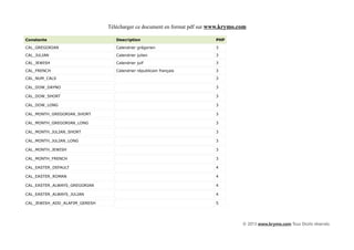 Télécharger ce document en format pdf sur www.krymo.com

Constante                         Description                             PHP

CAL_GREGORIAN                     Calendrier grégorien                    3

CAL_JULIAN                        Calendrier julien                       3

CAL_JEWISH                        Calendrier juif                         3

CAL_FRENCH                        Calendrier républicain français         3

CAL_NUM_CALS                                                              3

CAL_DOW_DAYNO                                                             3

CAL_DOW_SHORT                                                             3

CAL_DOW_LONG                                                              3

CAL_MONTH_GREGORIAN_SHORT                                                 3

CAL_MONTH_GREGORIAN_LONG                                                  3

CAL_MONTH_JULIAN_SHORT                                                    3

CAL_MONTH_JULIAN_LONG                                                     3

CAL_MONTH_JEWISH                                                          3

CAL_MONTH_FRENCH                                                          3

CAL_EASTER_DEFAULT                                                        4

CAL_EASTER_ROMAN                                                          4

CAL_EASTER_ALWAYS_GREGORIAN                                               4

CAL_EASTER_ALWAYS_JULIAN                                                  4

CAL_JEWISH_ADD_ALAFIM_GERESH                                              5




                                                                                    © 2013 www.krymo.com Tous Droits réservés.
 