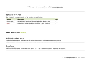 Télécharger ce document en format pdf sur www.krymo.com




Fonctions PHP mail
PHP : indique la première version de PHP qui prend en charge la fonction.

Fonction               Description                                                                     PHP

ezmlm_hash ()          Calcule la valeur de hachage requis par le système de liste EZMLM               3

mail ()                Vous permet d'envoyer des emails directement à partir d'un script               3




PHP Fonctions Maths


Présentation PHP Math
Les fonctions mathématiques peut manipuler des valeurs dans la plage de nombres entiers et types de flotteurs.




Installation
Les fonctions mathématiques font partie du coeur de PHP. Il n'y a pas d'installation nécessaire pour utiliser ces fonctions.




                                                                                                                     © 2013 www.krymo.com Tous Droits réservés.
 