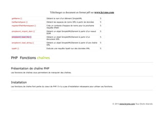 Télécharger ce document en format pdf sur www.krymo.com

getName ()                               Obtient le nom d'un élément SimpleXML                          5

GetNameSpace ()                          Obtient les espaces de noms XML à partir de données            5

registerXPathNamespace ()                Crée un contexte d'espace de noms pour la prochaine            5
                                         requête XPath

simplexml_import_dom ()                  Obtient un objet SimpleXMLElement à partir d'un noeud          5
                                         DOM

simplexml_load_file ()                   Obtient un objet SimpleXMLElement à partir d'un                5
                                         document XML

simplexml_load_string ()                 Obtient un objet SimpleXMLElement à partir d'une chaîne        5
                                         XML

xpath ()                                 Exécute une requête Xpath sur des données XML                  5




PHP Fonctions chaînes


Présentation de chaîne PHP
Les fonctions de chaînes vous permettent de manipuler des chaînes.




Installation
Les fonctions de chaîne font partie du coeur de PHP. Il n'y a pas d'installation nécessaire pour utiliser ces fonctions.




                                                                                                                       © 2013 www.krymo.com Tous Droits réservés.
 