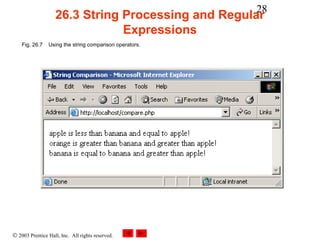 28
                    26.3 String Processing and Regular
                                Expressions
    Fig. 26.7   Using the string comparison operators.




© 2003 Prentice Hall, Inc. All rights reserved.
 
