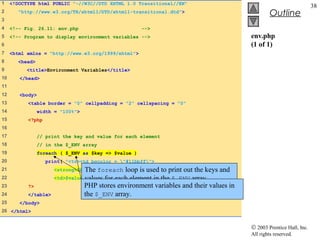 1    <!DOCTYPE html PUBLIC "-//W3C//DTD XHTML 1.0 Transitional//EN"
                                                                                                                      38
2       "http://www.w3.org/TR/xhtml1/DTD/xhtml1-transitional.dtd">
                                                                                                  Outline
3
4    <!-- Fig. 26.11: env.php                          -->
5    <!-- Program to display environment variables -->                                   env.php
6                                                                                        (1 of 1)
7    <html xmlns = "http://www.w3.org/1999/xhtml">
8       <head>
9          <title>Environment Variables</title>
10      </head>
11
12      <body>
13         <table border = "0" cellpadding = "2" cellspacing = "0"
14               width = "100%">
15         <?php
16
17               // print the key and value for each element
18               // in the $_ENV array
19               foreach ( $_ENV as $key => $value )
20                  print( "<tr><td bgcolor = "#11bbff">
21                                The foreach loop
                       <strong>$key</strong></td>    is used to print out the keys and
22                     <td>$value</td></tr>" each element in the $_ENV array.
                                  values for );
23         ?>                     PHP stores environment variables and their values in
24         </table>               the $_ENV array.
25      </body>
26 </html>


                                                                                         © 2003 Prentice Hall, Inc.
                                                                                         All rights reserved.
 
