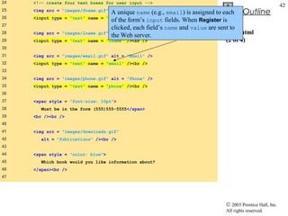 24   <!-- create four text boxes for user input -->
                                                                                                      42
25
                                   A unique name (e.g., email) is assigned to each Outline
     <img src = "images/fname.gif" alt = "First Name" />
26   <input type = "text" name = "fname" /><br />
                                   of the form’s input fields. When Register is
27
                                   clicked, each field’s name and value are sent to
28   <img src = "images/lname.gif" alt = "Last Name" />
                                   the Web server.                             form.html
29   <input type = "text" name = "lname" /><br />                              (2 of 4)
30
31   <img src = "images/email.gif" alt = "Email" />
32   <input type = "text" name = "email" /><br />
33
34   <img src = "images/phone.gif" alt = "Phone" />
35   <input type = "text" name = "phone" /><br />
36
37   <span style = "font-size: 10pt">
38      Must be in the form (555)555-5555</span>
39   <br /><br />
40
41   <img src = "images/downloads.gif"
42      alt = "Publications" /><br />
43
44   <span style = "color: blue">
45      Which book would you like information about?
46   </span><br />
47




                                                                         © 2003 Prentice Hall, Inc.
                                                                         All rights reserved.
 