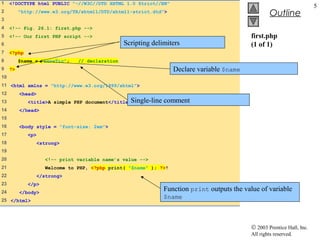 1    <!DOCTYPE html PUBLIC "-//W3C//DTD XHTML 1.0 Strict//EN"
                                                                                                                          5
2         "http://www.w3.org/TR/xhtml1/DTD/xhtml1-strict.dtd">
                                                                                                      Outline
3
4    <!-- Fig. 26.1: first.php -->
5    <!-- Our first PHP script -->                                                           first.php
6                                                 Scripting delimiters                       (1 of 1)
7    <?php
8         $name = "LunaTic";     // declaration
9    ?>                                                            Declare variable $name
10
11 <html xmlns = "http://www.w3.org/1999/xhtml">
12        <head>
13           <title>A simple PHP document</title>Single-line    comment
14        </head>
15
16        <body style = "font-size: 2em">
17           <p>
18                 <strong>
19
20                    <!-- print variable name’s value -->
21                   Welcome to PHP, <?php print( "$name" ); ?>!
22                 </strong>
23           </p>
24        </body>
                                                                Function print outputs the value of variable
25 </html>
                                                                $name



                                                                                             © 2003 Prentice Hall, Inc.
                                                                                             All rights reserved.
 