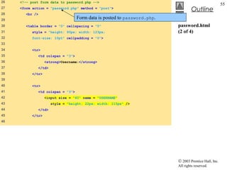 26   <!-- post form data to password.php -->
                                                                                                       55
27   <form action = "password.php" method = "post">
                                                                                   Outline
28     <br />
29                                 Form data is posted to password.php.
30     <table border = "0" cellspacing = "0"                              password.html
31         style = "height: 90px; width: 123px;                           (2 of 4)
32         font-size: 10pt" cellpadding = "0">
33
34         <tr>
35            <td colspan = "3">
36                 <strong>Username:</strong>
37            </td>
38         </tr>
39
40         <tr>
41            <td colspan = "3">
42                 <input size = "40" name = "USERNAME"
43                    style = "height: 22px; width: 115px" />
44            </td>
45         </tr>
46




                                                                          © 2003 Prentice Hall, Inc.
                                                                          All rights reserved.
 