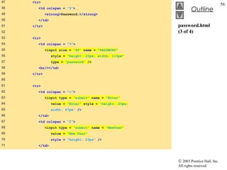 47   <tr>
                                                                                      56
48     <td colspan = "3">
                                                                  Outline
49           <strong>Password:</strong>
50     </td>
51   </tr>                                               password.html
52                                                       (3 of 4)
53   <tr>
54     <td colspan = "3">
55           <input size = "40" name = "PASSWORD"
56              style = "height: 22px; width: 115px"
57              type = "password" />
58     <br/></td>
59   </tr>
60
61   <tr>
62     <td colspan = "1">
63           <input type = "submit" name = "Enter"
64              value = "Enter" style = "height: 23px;
65             width: 47px" />
66     </td>
67      <td colspan = "2">
68           <input type = "submit" name = "NewUser"
69              value = "New User"
70             style = "height: 23px" />
71     </td>



                                                         © 2003 Prentice Hall, Inc.
                                                         All rights reserved.
 