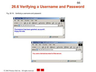 66
            26.6 Verifying a Username and Password
    Fig. 26.16    Verifying a username and password.




© 2003 Prentice Hall, Inc. All rights reserved.
 