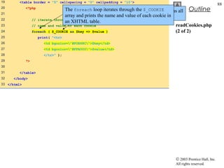 19       <table border = "5" cellspacing = "0" cellpadding = "10">
                                                                                                                    88
                                               PHP creates array $_COOKIE which contains all Outline
20           <?php
                                   The foreach loop iterates through the $_COOKIE
21
                                   array and prints thevalues and value of each cookie in
                                               cookie name indexed by their names.
22                // iterate through array $_COOKIE and print
                                   an XHTML table.
23                // name and value of each cookie                                        readCookies.php
24                foreach ( $_COOKIE as $key => $value )                                  (2 of 2)
25                   print( "<tr>
26                      <td bgcolor="#F0E68C">$key</td>
27                      <td bgcolor="#FFA500">$value</td>
28                      </tr>" );
29           ?>
30
31       </table>
32    </body>
33 </html>




                                                                                       © 2003 Prentice Hall, Inc.
                                                                                       All rights reserved.
 