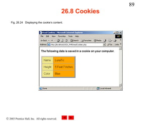 89
                                                  26.8 Cookies
    Fig. 26.24 Displaying the cookie’s content.




© 2003 Prentice Hall, Inc. All rights reserved.
 