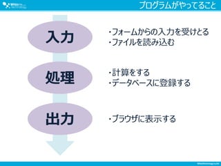 プログラムがやってること
入力
処理
出力
・フォームからの入力を受けとる
・ファイルを読み込む
・計算をする
・データベースに登録する
・ブラウザに表示する
 