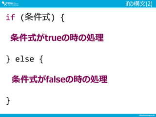 ifの構文(2)
if (条件式) {
条件式がtrueの時の処理
} else {
条件式がfalseの時の処理
}
 