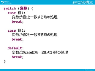 switchの構文
switch (変数) {
case 値1:
変数が値1と一致する時の処理
break;
case 値2:
変数が値2と一致する時の処理
break;
default:
変数どのcaseにも一致しない時の処理
break;
}
 