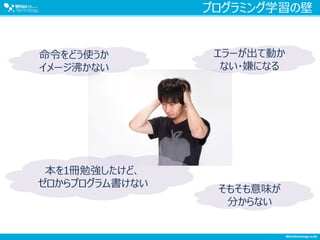 プログラミング学習の壁
エラーが出て動か
ない・嫌になる
本を1冊勉強したけど、
ゼロからプログラム書けない
命令をどう使うか
イメージ沸かない
そもそも意味が
分からない
 