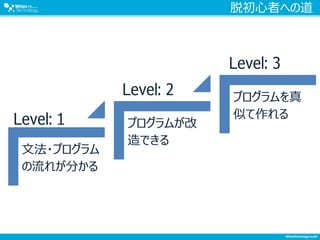 脱初心者への道
文法・プログラム
の流れが分かる
プログラムが改
造できる
プログラムを真
似て作れる
Level: 1
Level: 2
Level: 3
 