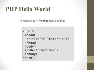 PHP Hello World
•It renders as HTML that looks like this:
 