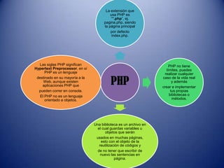 PHP
La extensión que
usa PHP es
“*.php”, ej.
pagina.php, siendo
la página principal
por defecto
index.php.
PHP no tiene
límites, puedes
realizar cualquier
caso de la vida real
y además
crear e implementar
tus propias
bibliotecas o
métodos.
Una biblioteca es un archivo en
el cual guardas variables u
objetos que serán
usados en muchas páginas,
esto con el objeto de la
reutilización de códigos y
de no tener que escribir de
nuevo las sentencias en
página.
Las siglas PHP significan
Hypertext Preprocessor, en sí
PHP es un lenguaje
destinado en su mayoría a la
Web, aunque existen
aplicaciones PHP que
pueden correr en consola.
El PHP no es un lenguaje
orientado a objetos.
 