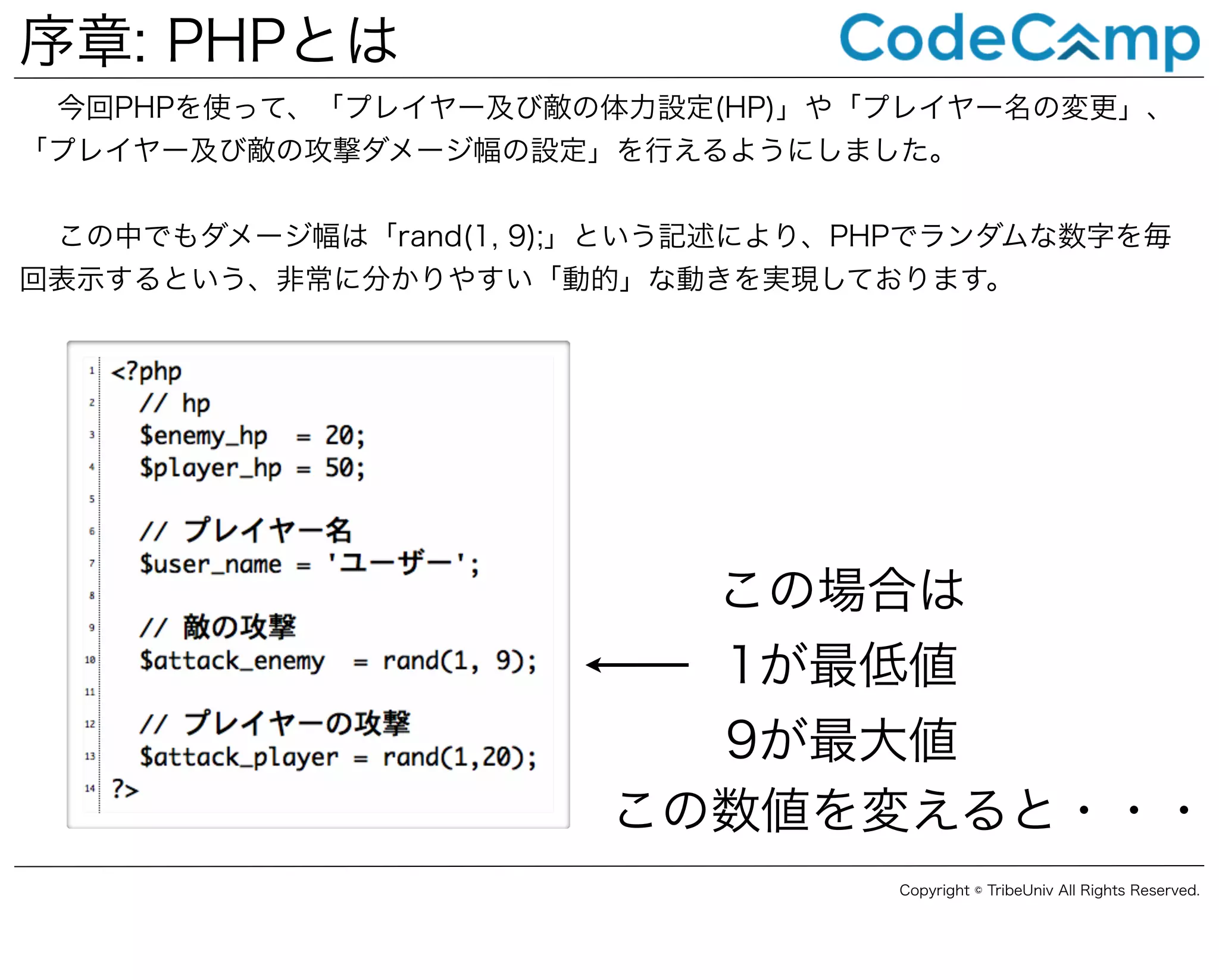 序章: PHPとは
今回PHPを使って、「プレイヤー及び敵の体力設定(HP)」や「プレイヤー名の変更」、
「プレイヤー及び敵の攻撃ダメージ幅の設定」を行えるようにしました。
この中でもダメージ幅は「rand(1, 9);」という記述により、PHPでランダムな数字を毎
回表示するという、非常に分かりやすい「動的」な動きを実現しております。

この場合は
1が最低値
9が最大値
この数値を変えると・・・
Copyright © TribeUniv All Rights Reserved.

 