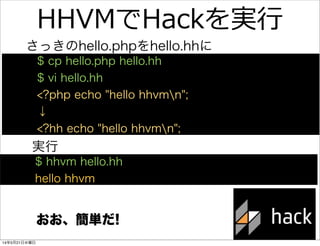 HHVMでHackを実⾏行行
$ cp hello.php hello.hh
$ vi hello.hh
<?php echo "hello hhvmn";
↓
<?hh echo "hello hhvmn";
$ hhvm hello.hh
...