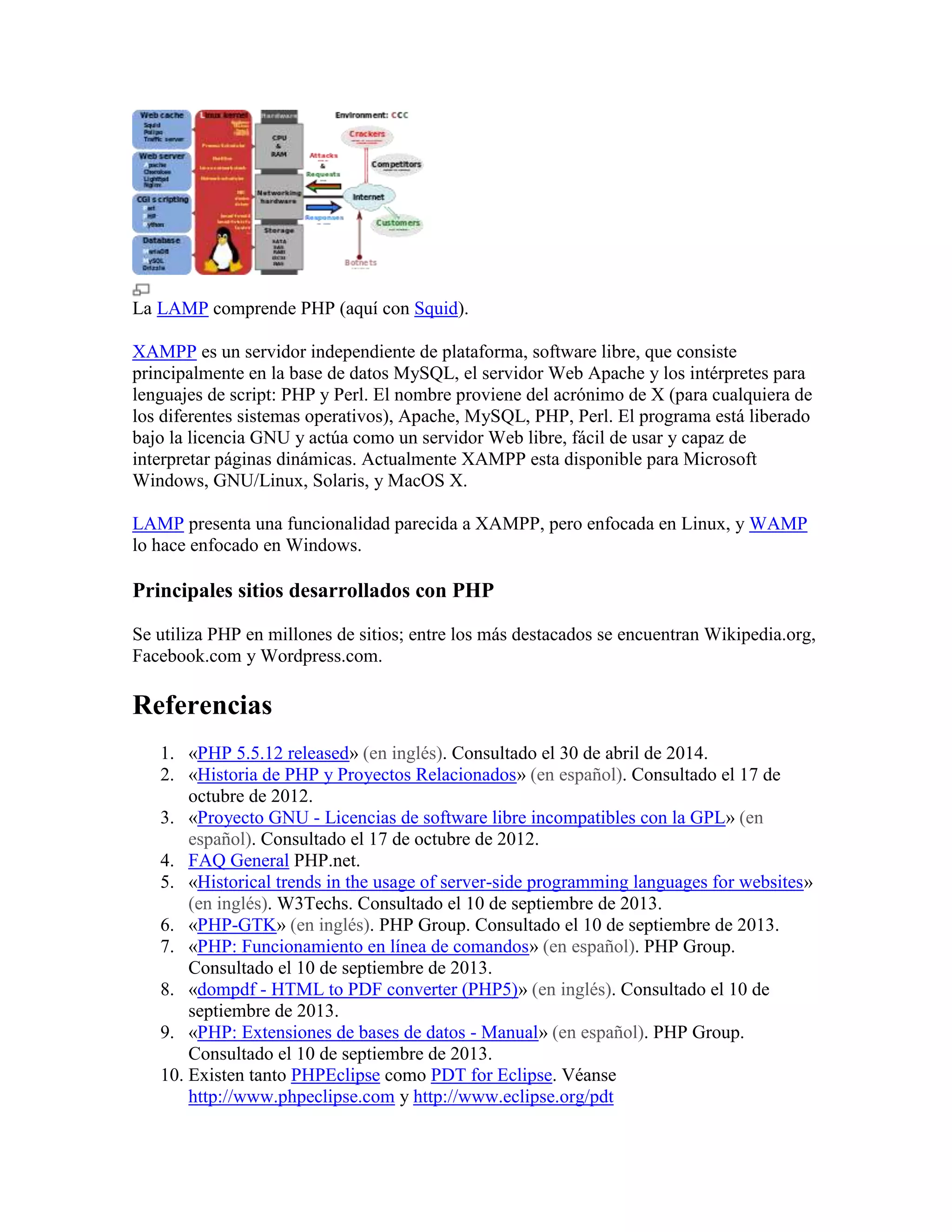 La LAMP comprende PHP (aquí con Squid).
XAMPP es un servidor independiente de plataforma, software libre, que consiste
principalmente en la base de datos MySQL, el servidor Web Apache y los intérpretes para
lenguajes de script: PHP y Perl. El nombre proviene del acrónimo de X (para cualquiera de
los diferentes sistemas operativos), Apache, MySQL, PHP, Perl. El programa está liberado
bajo la licencia GNU y actúa como un servidor Web libre, fácil de usar y capaz de
interpretar páginas dinámicas. Actualmente XAMPP esta disponible para Microsoft
Windows, GNU/Linux, Solaris, y MacOS X.
LAMP presenta una funcionalidad parecida a XAMPP, pero enfocada en Linux, y WAMP
lo hace enfocado en Windows.
Principales sitios desarrollados con PHP
Se utiliza PHP en millones de sitios; entre los más destacados se encuentran Wikipedia.org,
Facebook.com y Wordpress.com.
Referencias
1. «PHP 5.5.12 released» (en inglés). Consultado el 30 de abril de 2014.
2. «Historia de PHP y Proyectos Relacionados» (en español). Consultado el 17 de
octubre de 2012.
3. «Proyecto GNU - Licencias de software libre incompatibles con la GPL» (en
español). Consultado el 17 de octubre de 2012.
4. FAQ General PHP.net.
5. «Historical trends in the usage of server-side programming languages for websites»
(en inglés). W3Techs. Consultado el 10 de septiembre de 2013.
6. «PHP-GTK» (en inglés). PHP Group. Consultado el 10 de septiembre de 2013.
7. «PHP: Funcionamiento en línea de comandos» (en español). PHP Group.
Consultado el 10 de septiembre de 2013.
8. «dompdf - HTML to PDF converter (PHP5)» (en inglés). Consultado el 10 de
septiembre de 2013.
9. «PHP: Extensiones de bases de datos - Manual» (en español). PHP Group.
Consultado el 10 de septiembre de 2013.
10. Existen tanto PHPEclipse como PDT for Eclipse. Véanse
http://www.phpeclipse.com y http://www.eclipse.org/pdt
 
