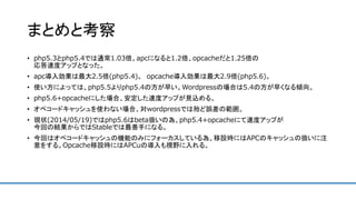 まとめと考察
• php5.3とphp5.4では通常1.03倍。apcになると1.2倍、opcacheだと1.25倍の
応答速度アップとなった。
• apc導入効果は最大2.5倍(php5.4)。 opcache導入効果は最大2.9倍(php5.6)。
• 使い方によっては、php5.5よりphp5.4の方が早い。Wordpressの場合は5.4の方が早くなる傾向。
• php5.6+opcacheにした場合、安定した速度アップが見込める。
• オペコードキャッシュを使わない場合、対wordpressでは殆ど誤差の範囲。
• 現状(2014/05/19)ではphp5.6はbeta扱いの為、php5.4+opcacheにて速度アップが
今回の結果からではStableでは最善手になる。
• 今回はオペコードキャッシュの機能のみにフォーカスしている為、移設時にはAPCのキャッシュの扱いに注
意をする。Opcache移設時にはAPCuの導入も視野に入れる。
 