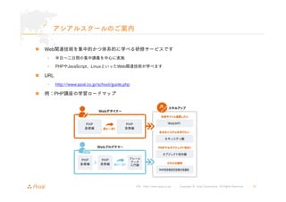 URL : http://www.asial.co.jp/ │ Copyright © Asial Corporation. All Rights Reserved. │ 39 
アシアルスクールのご案内 
„ Web関連技術を集中的かつ体系的に学べる研修サービスです 
• 半日～二日間の集中講義を中心に実施 
• PHPやJavaScript、LinuxといったWeb関連技術が学べます 
„ URL 
• http://www.asial.co.jp/school/guide.php 
„ 例：PHP講座の学習ロードマップ 
 