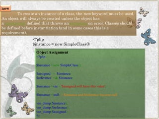 To create an instance of a class, thenewkeyword must be used. An object will always be created unless the object has aconstructordefined that throws anexceptionon error. Classes should be defined before instantiation (and in some cases this is a requirement). 
<?php$instance=newSimpleClass(); 
Object Assignment 
<?php$instance=newSimpleClass(); $assigned=$instance; $reference=&$instance; $instance->var='$assignedwillhavethisvalue'; $instance=null;//$instanceand$referencebecomenullvar_dump($instance); var_dump($reference); var_dump($assigned); ?> 
www.facebook.com/VineetOO7 
new  