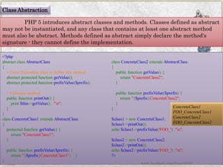 Class Abstraction 
PHP 5 introduces abstract classes and methods. Classes defined as abstract may not be instantiated, and any class that contains at least one abstract method must also be abstract. Methods defined as abstract simply declare the method's signature -they cannot define the implementation. 
<?phpabstractclassAbstractClass{ //ForceExtendingclasstodefinethismethodabstractprotectedfunctiongetValue(); abstractprotectedfunctionprefixValue($prefix); 
//CommonmethodpublicfunctionprintOut(){ print$this->getValue()."n"; } } classConcreteClass1extendsAbstractClass{ protectedfunctiongetValue(){ return"ConcreteClass1"; } publicfunctionprefixValue($prefix){ return"{$prefix}ConcreteClass1“;} 
} 
classConcreteClass2extendsAbstractClass{ publicfunctiongetValue(){ return"ConcreteClass2"; } publicfunctionprefixValue($prefix){ return"{$prefix}ConcreteClass2"; } } $class1=newConcreteClass1; $class1->printOut(); echo$class1->prefixValue('FOO_')."n"; $class2=newConcreteClass2; $class2->printOut(); echo$class2->prefixValue('FOO_')."n"; ?> 
ConcreteClass1 
FOO_ConcreteClass1 
ConcreteClass2 
FOO_ConcreteClass2 
www.facebook.com/VineetOO7  
