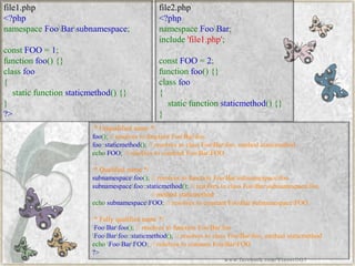 /*Unqualifiedname*/ foo();//resolvestofunctionFooBarfoofoo::staticmethod();//resolvestoclassFooBarfoo,methodstaticmethodechoFOO;//resolvestoconstantFooBarFOO/*Qualifiedname*/ subnamespacefoo();//resolvestofunctionFooBarsubnamespacefoosubnamespacefoo::staticmethod();//resolvestoclassFooBarsubnamespacefoo, //methodstaticmethodechosubnamespaceFOO;//resolvestoconstantFooBarsubnamespaceFOO/*Fullyqualifiedname*/ FooBarfoo();//resolvestofunctionFooBarfooFooBarfoo::staticmethod();//resolvestoclassFooBarfoo,methodstaticmethodechoFooBarFOO;//resolvestoconstantFooBarFOO?> 
file1.php 
<?phpnamespaceFooBarsubnamespace; constFOO=1; functionfoo(){} classfoo{ staticfunctionstaticmethod(){} } ?> 
file2.php 
<?phpnamespaceFooBar; include'file1.php'; constFOO=2; functionfoo(){} classfoo{ staticfunctionstaticmethod(){} } 
www.facebook.com/VineetOO7  