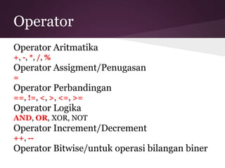 Operator 
Operator Aritmatika 
+, -, *, /, % 
Operator Assigment/Penugasan 
= 
Operator Perbandingan 
==, !=, <, >, <=, >= 
Operator Logika 
AND, OR, XOR, NOT 
Operator Increment/Decrement 
++, -- 
Operator Bitwise/untuk operasi bilangan biner 
 
