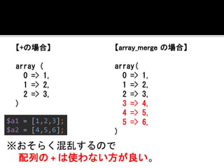 【+の場合】 
array ( 
0 => 1, 
1 => 2, 
2 => 3, 
) 
【array_merge の場合】 
array( 
0 => 1, 
1 => 2, 
2 => 3, 
3 => 4, 
4 => 5, 
5 => 6, 
$a1 = [1,2,3]; 
$a2 = [4,5,6]; 
※おそらく混乱するので 
) 
配列の+ は使わない方が良い。 
 