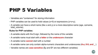  Variables are "containers" for storing information 
 PHP variables can be used to hold values (x=5) or expressions (z=x+y). 
 A variable can have a short name (like x and y) or a more descriptive name (age, carname, 
total_volume). 
Rules for PHP variables: 
 A variable starts with the $ sign, followed by the name of the variable 
 A variable name must start with a letter or the underscore character 
 A variable name cannot start with a number 
 A variable name can only contain alpha-numeric characters and underscores (A-z, 0-9, and _ ) 
 Variable names are case sensitive ($y and $Y are two different variables) 
19 
 