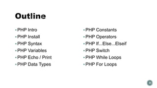 PHP Intro 
PHP Install 
PHP Syntax 
PHP Variables 
PHP Echo / Print 
PHP Data Types 
PHP Constants 
PHP Operators 
PHP If...Else...Elseif 
PHP Switch 
PHP While Loops 
PHP For Loops 
3 
 
