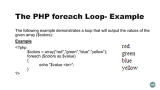 The following example demonstrates a loop that will output the values of the 
given array ($colors): 
Example 
<?php 
$colors = array("red","green","blue","yellow"); 
foreach ($colors as $value) 
{ 
echo "$value <br>"; 
} 
?> 
80 
 
