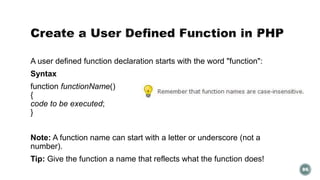 A user defined function declaration starts with the word "function": 
Syntax 
function functionName() 
{ 
code to be executed; 
} 
Note: A function name can start with a letter or underscore (not a 
number). 
Tip: Give the function a name that reflects what the function does! 
86 
 