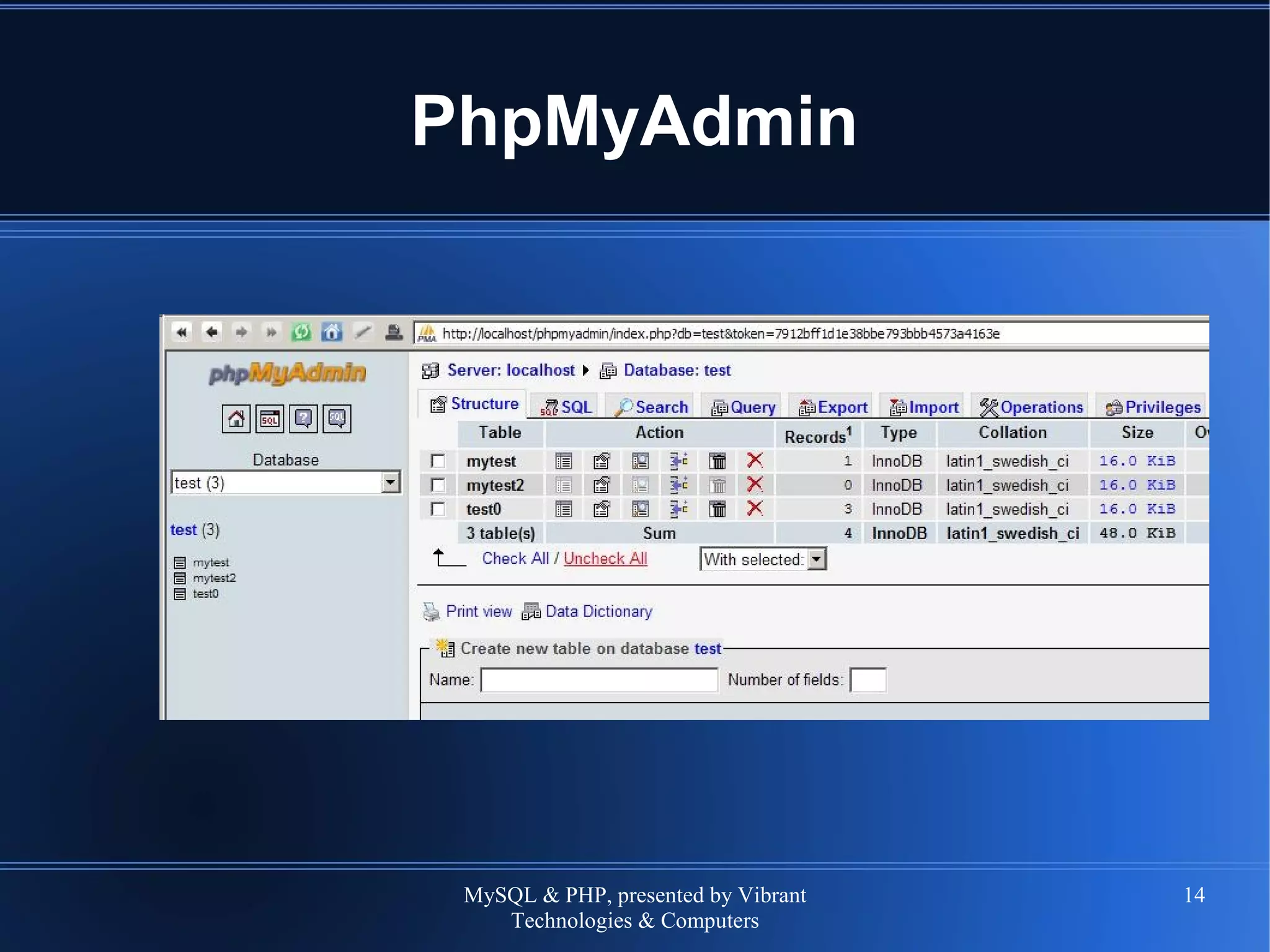 MySQL & PHP, presented by Vibrant
Technologies & Computers
14
PhpMyAdmin
 