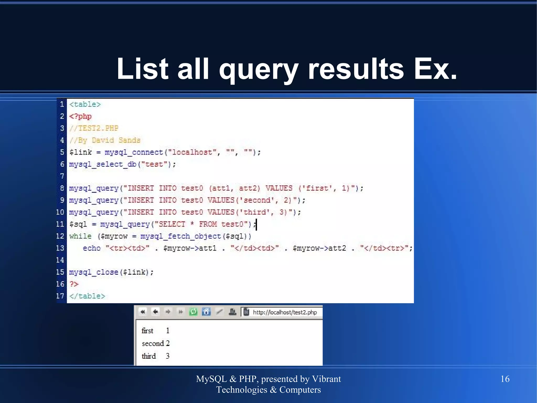 MySQL & PHP, presented by Vibrant
Technologies & Computers
16
List all query results Ex.
 