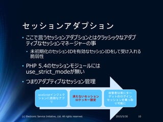 セッションアダプション
• ここで言うセッションアダプションとはクラッシックなアダプ
ティブなセッションマネージャーの事
• 未初期化のセッションIDを有効なセッションIDをして受け入れる
脆弱性
• PHP 5.4のセッションモジュールには
use_strict_modeが無い
• つまりアダプティブなセッション管理
2015/5/30(c) Electronic Service Initiative, Ltd. All rights reserved. 10
JavaScriptインジェク
ションに脆弱なアプ
リ
消えないセッション
IDクッキー設定
攻撃者は常にター
ゲットのログイン
セッションを乗っ取
り可能に
 