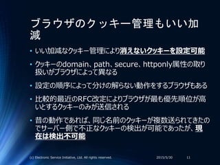 ブラウザのクッキー管理もいい加
減
• いい加減なクッキー管理により消えないクッキーを設定可能
• クッキーのdomain、path、secure、httponly属性の取り
扱いがブラウザによって異なる
• 設定の順序によって分けの解らない動作をするブラウザもある
• 比較的最近のRFC改定によりブラウザが最も優先順位が高
いとするクッキーのみが送信される
• 昔の動作であれば、同じ名前のクッキーが複数送られてきたの
でサーバー側で不正なクッキーの検出が可能であったが、現
在は検出不可能
2015/5/30(c) Electronic Service Initiative, Ltd. All rights reserved. 11
 