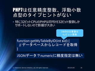 PHP7は任意精度整数、浮動小数
点型のタイプヒントがない
• 特に32ビットCPUのPHPは符号付32ビット整数しか
サポートしないので影響が大きい
2015/5/30(c) Electronic Service Initiative, Ltd. All rights reserved. 26
function getMyTableByID(int $id) {
// データベースからレコードを取得
}
DBのIDは普通は
64ビット整数
JSONデータ？numericに精度指定は無い
 
