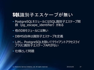 SQL識別子エスケープが無い
• PostgreSQLモジュールにはSQL識別子エスケープ関
数（pg_escape_identifier）がある
• 他のDBモジュールには無い
• DBMS自体は識別子エスケープを定義
• しかし、PostgreSQLを除いてクライアントアクセスライ
ブラリに識別子エスケープAPIがない
• 仕様として問題
2015/5/30(c) Electronic Service Initiative, Ltd. All rights reserved. 37
 