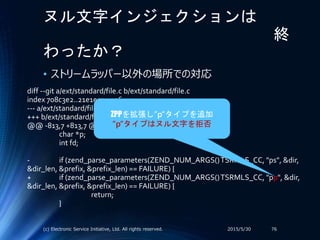 ヌル文字インジェクションは
終
わったか？
• ストリームラッパー以外の場所での対応
2015/5/30(c) Electronic Service Initiative, Ltd. All rights reserved. 76
diff --git a/ext/standard/file.c b/ext/standard/file.c
index 708c3e2..21e1e53 100644
--- a/ext/standard/file.c
+++ b/ext/standard/file.c
@@ -813,7 +813,7 @@ PHP_FUNCTION(tempnam)
char *p;
int fd;
- if (zend_parse_parameters(ZEND_NUM_ARGS()TSRMLS_CC, "ps", &dir,
&dir_len, &prefix, &prefix_len) == FAILURE) {
+ if (zend_parse_parameters(ZEND_NUM_ARGS()TSRMLS_CC, "pp", &dir,
&dir_len, &prefix, &prefix_len) == FAILURE) {
return;
}
ZPPを拡張し”p”タイプを追加
”p”タイプはヌル文字を拒否
 