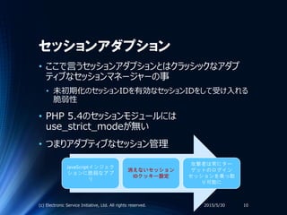 セッションアダプション
• ここで言うセッションアダプションとはクラッシックなアダプ
ティブなセッションマネージャーの事
• 未初期化のセッションIDを有効なセッションIDをして受け入れる
脆弱性
• PHP 5.4のセッションモジュールには
use_strict_modeが無い
• つまりアダプティブなセッション管理
2015/5/30(c) Electronic Service Initiative, Ltd. All rights reserved. 10
JavaScriptインジェク
ションに脆弱なアプ
リ
消えないセッション
IDクッキー設定
攻撃者は常にター
ゲットのログイン
セッションを乗っ取
り可能に
 