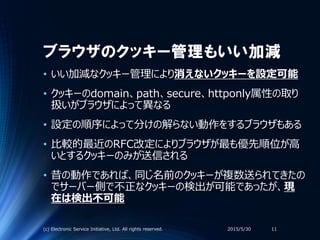 ブラウザのクッキー管理もいい加減
• いい加減なクッキー管理により消えないクッキーを設定可能
• クッキーのdomain、path、secure、httponly属性の取り
扱いがブラウザによって異なる
• 設定の順序によって分けの解らない動作をするブラウザもある
• 比較的最近のRFC改定によりブラウザが最も優先順位が高
いとするクッキーのみが送信される
• 昔の動作であれば、同じ名前のクッキーが複数送られてきたの
でサーバー側で不正なクッキーの検出が可能であったが、現
在は検出不可能
2015/5/30(c) Electronic Service Initiative, Ltd. All rights reserved. 11
 